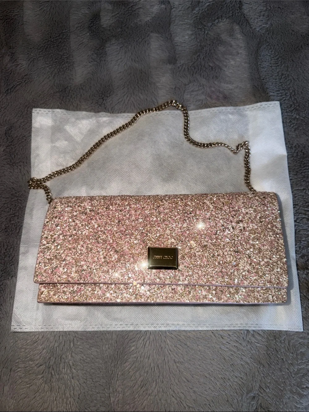 Preloved Jimmy Choo Pink Glitter Chain Clutch with Gold-Tone Hardware never worn